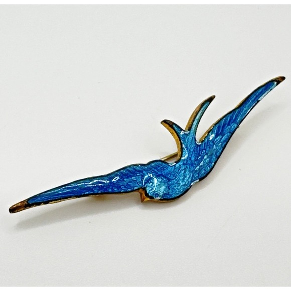 Bluebird Jewelry - Antique Victorian Bluebird Swallow Pin Brooch Guilloche Enameled 2.5"